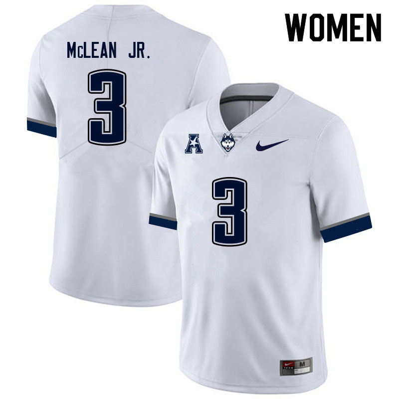 Women #3 Deon Mclean Jr. Uconn Huskies College Football Jerseys Sale-White - Click Image to Close